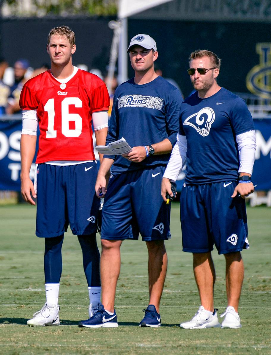 Jared Goff, Zac Taylor and Sean McVay on the practice field in 2018.