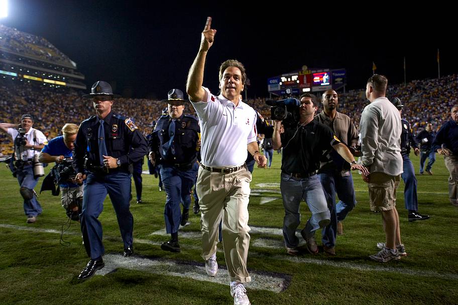 Nick Saban leaves the field at Tiger Stadium after his Alabama team beat LSU in his first game back at his old stomping groun