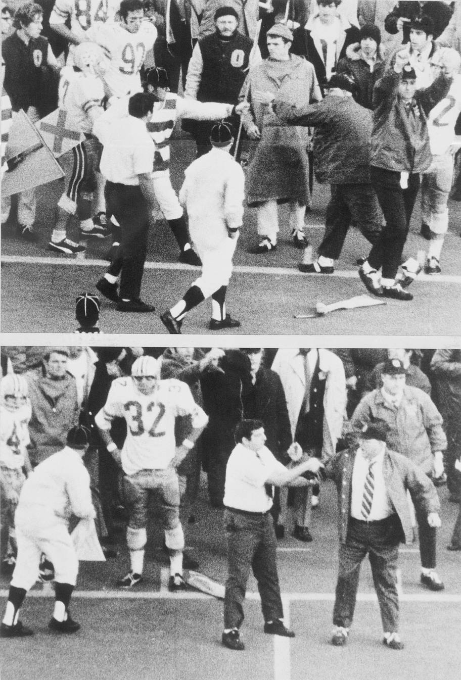 Ohio State coach Woody Hayes after ripping a flag from a sideline marker, squares off for a fight with a sideline official.