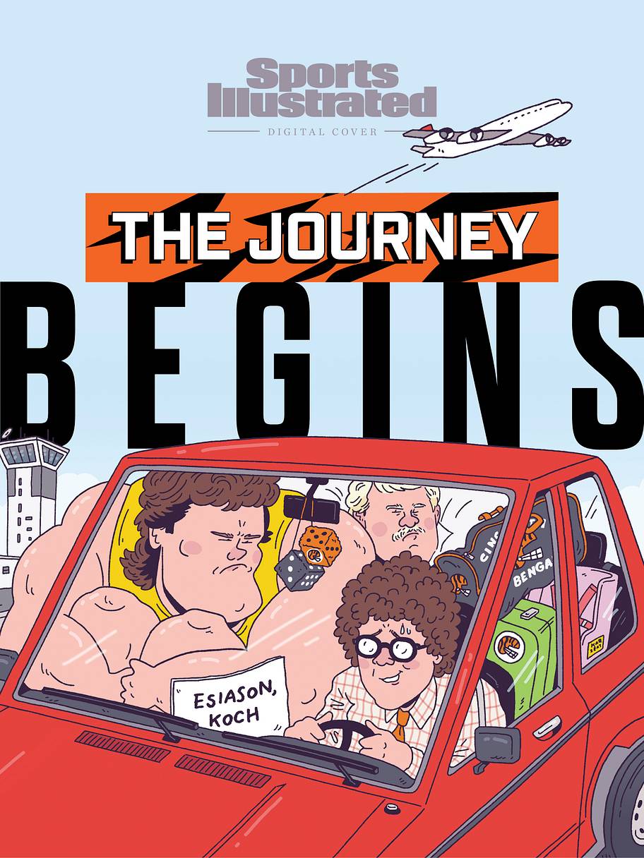 An illustration of Peter King driving two Bengals players in his car.