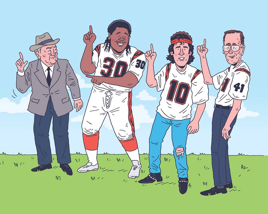 An illustration of Paul Brown, Ickey Woods, Bruce Springsteen and George H.W. Bush.
