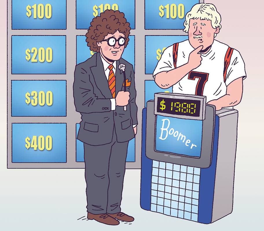 Peter King as Jeopardy host with Boomer Esiason as contestant.