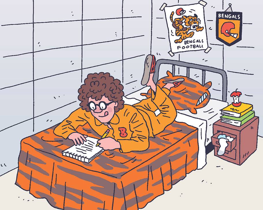 An illustration of Peter King in bed in a training camp dorm.