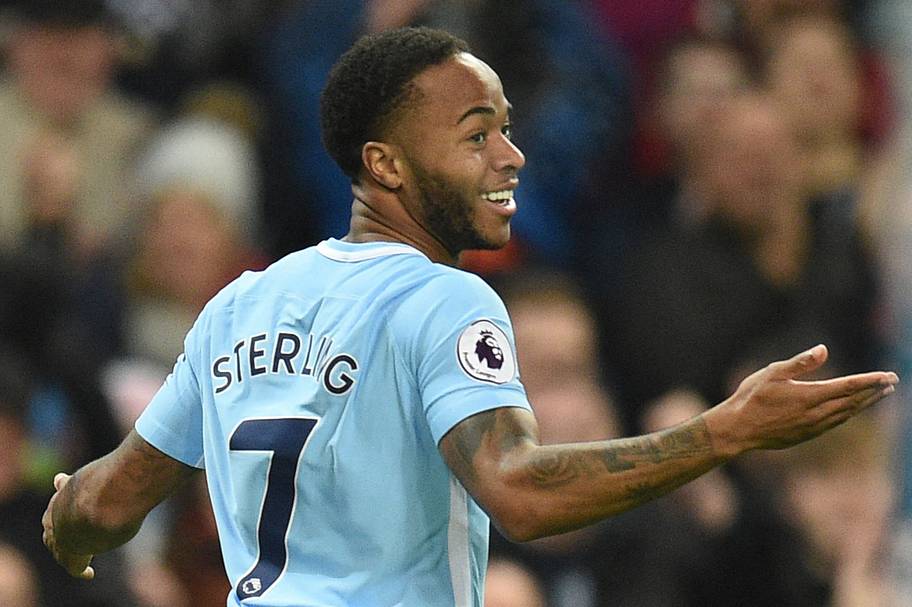 Raheem Sterling celebrates for Manchester City against Bournemouth at the Etihad Stadium.