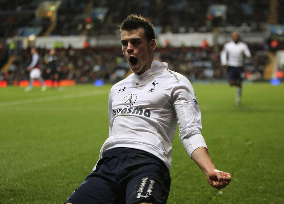 Gareth Bale celebrates scoring Tottenham’s fourth and his hat trick away at Aston Villa. 