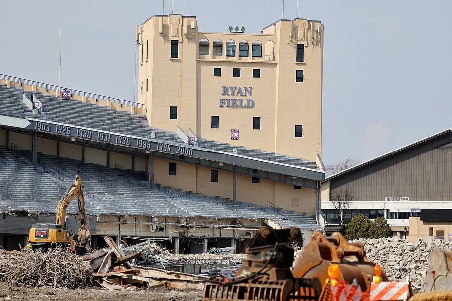 A general view as construction workers demolish Ryan Field on March 13, 2024.