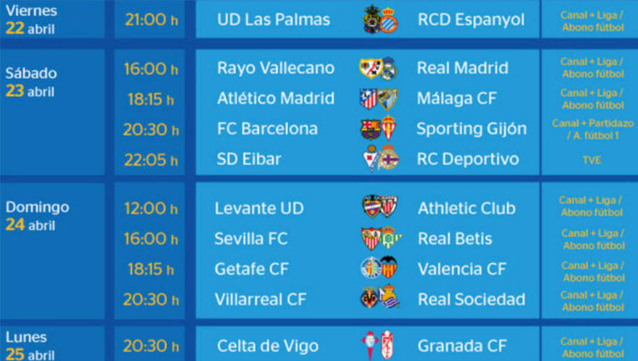 Todos los partidos y horarios de la jornada 35 de la Liga BBVA | 90min Todos los partidos y horarios de la jornada 35 de la Liga BBVA | 90min