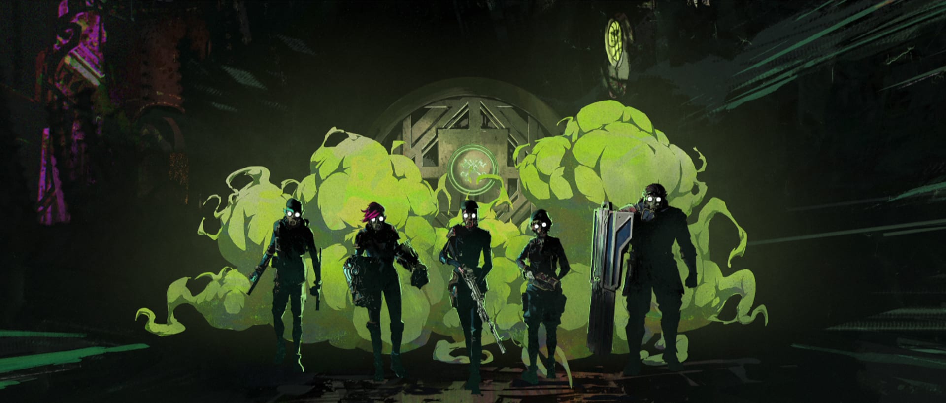 Arcane Season 2. Five figures in gas masks, walking in front of a cloud of greenish smog.