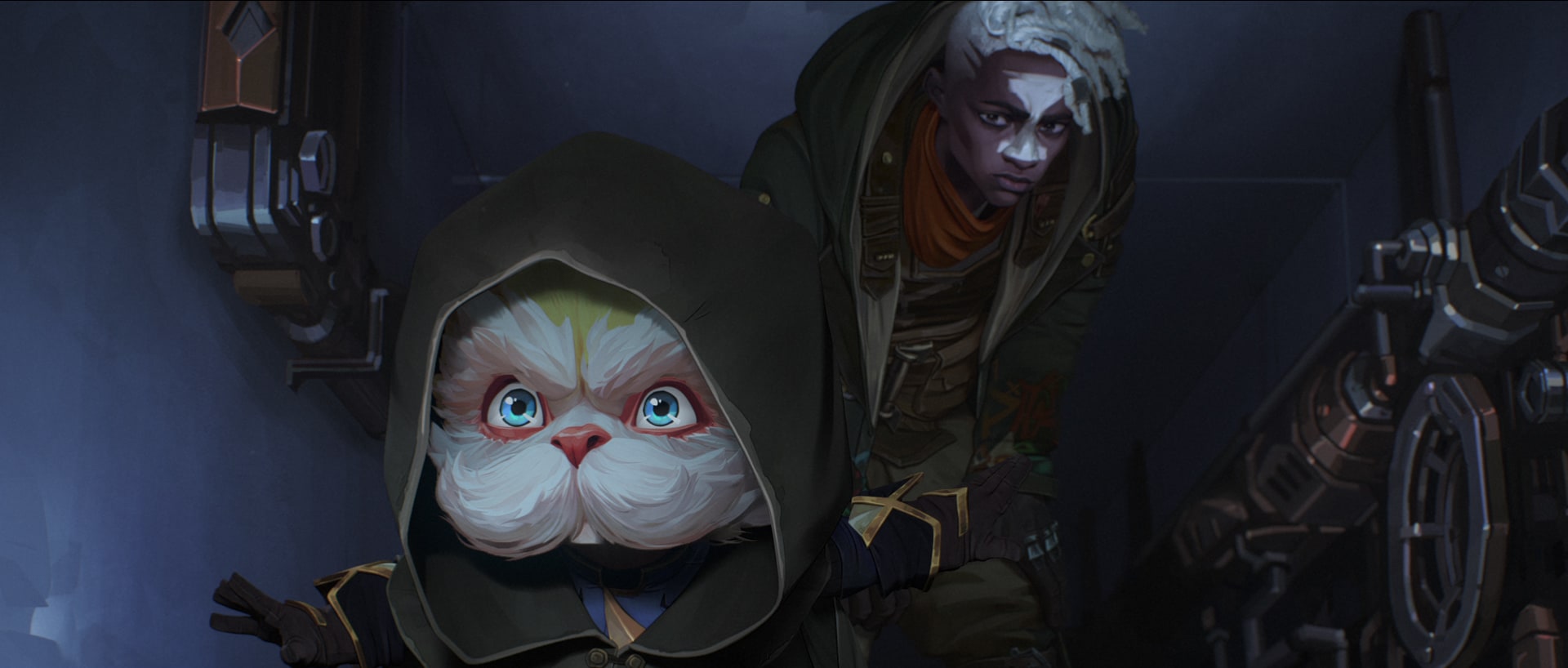 Mick Wingert as Heimerdinger and Reed Shannon as Ekko in Arcane Season 2.