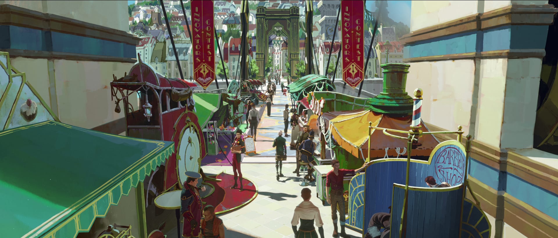 A colorful, crowded marketplace on the bridge between Zaun and Piltover.