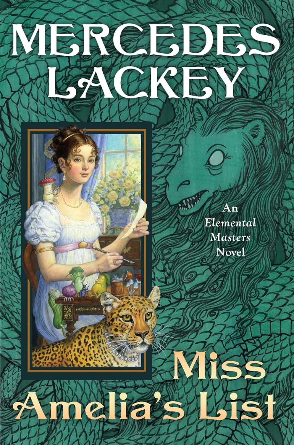 Miss Amelia's List by Mercedes Lackey. A woman sitting with a jaguar, while a big stylized creature fills up the background.