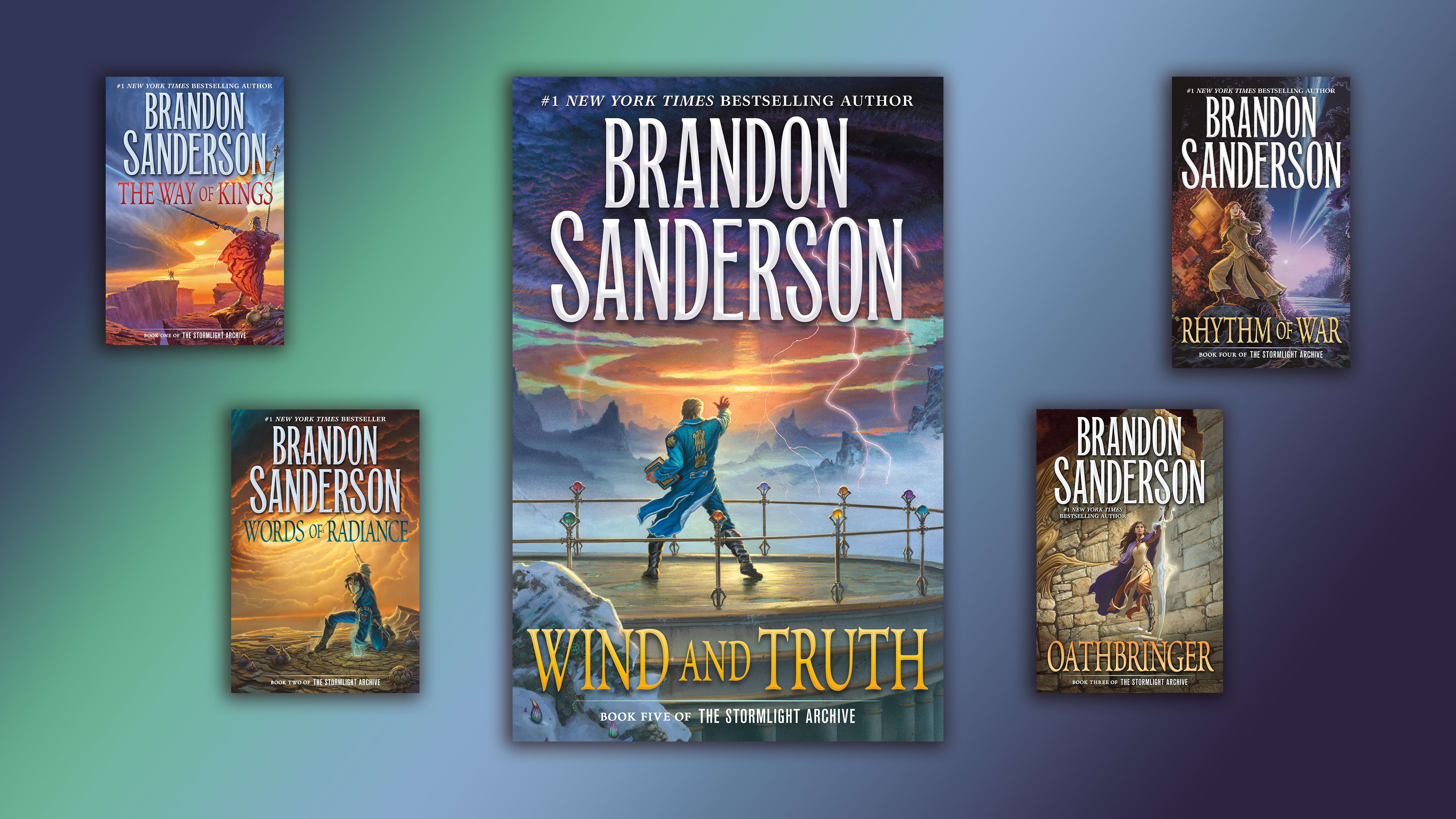 The Stormlight Archive by Brandon Sanderson. All 5 covers of the books to-date.