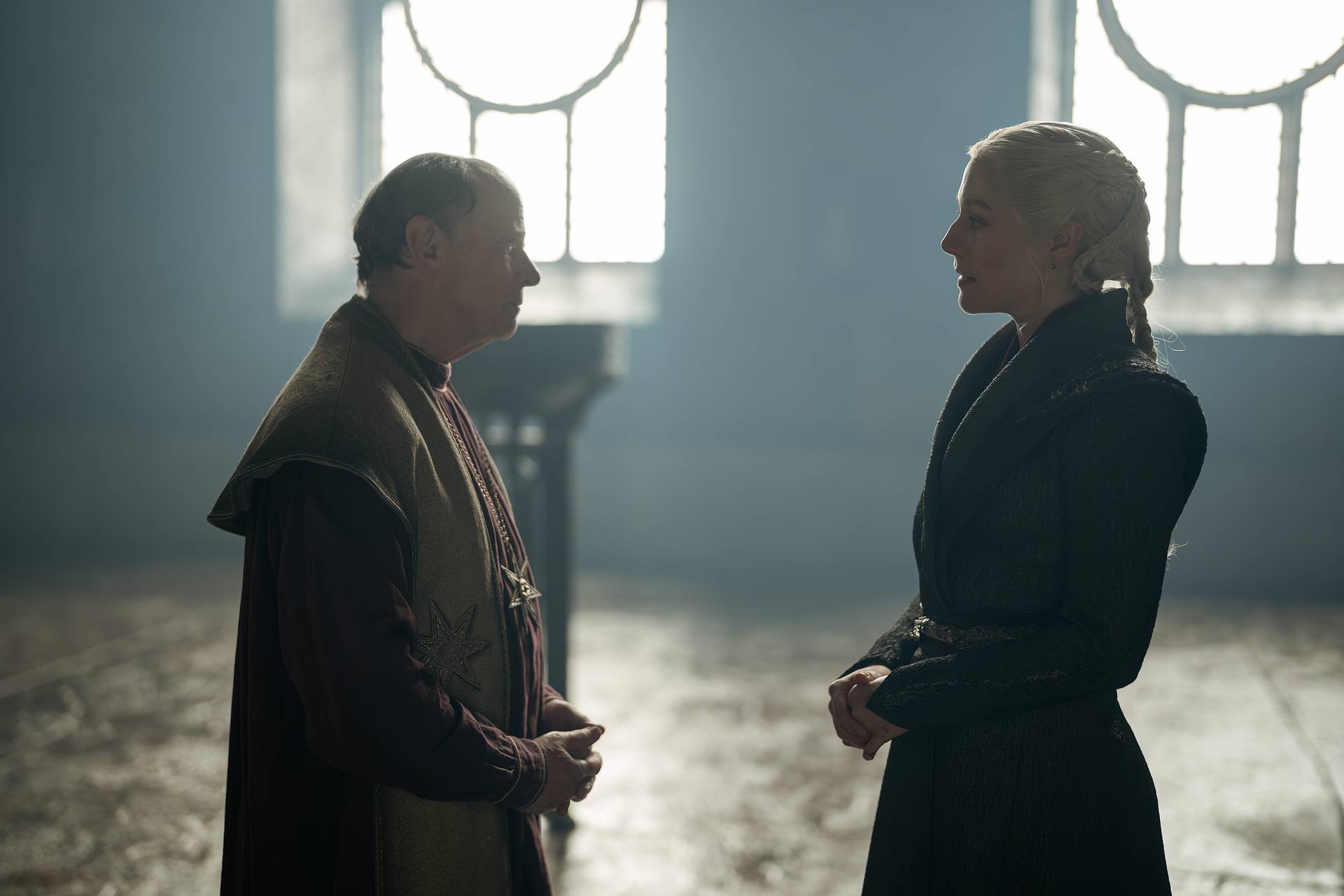 Simon Chandler (High Septon) and Emma D'Arcy (Rhaenyra Targaryen) in House of the Dragon season 3. Simon Chandler (High Septon) and Emma D'Arcy (Rhaenyra Targaryen) in House of the Dragon season 3.