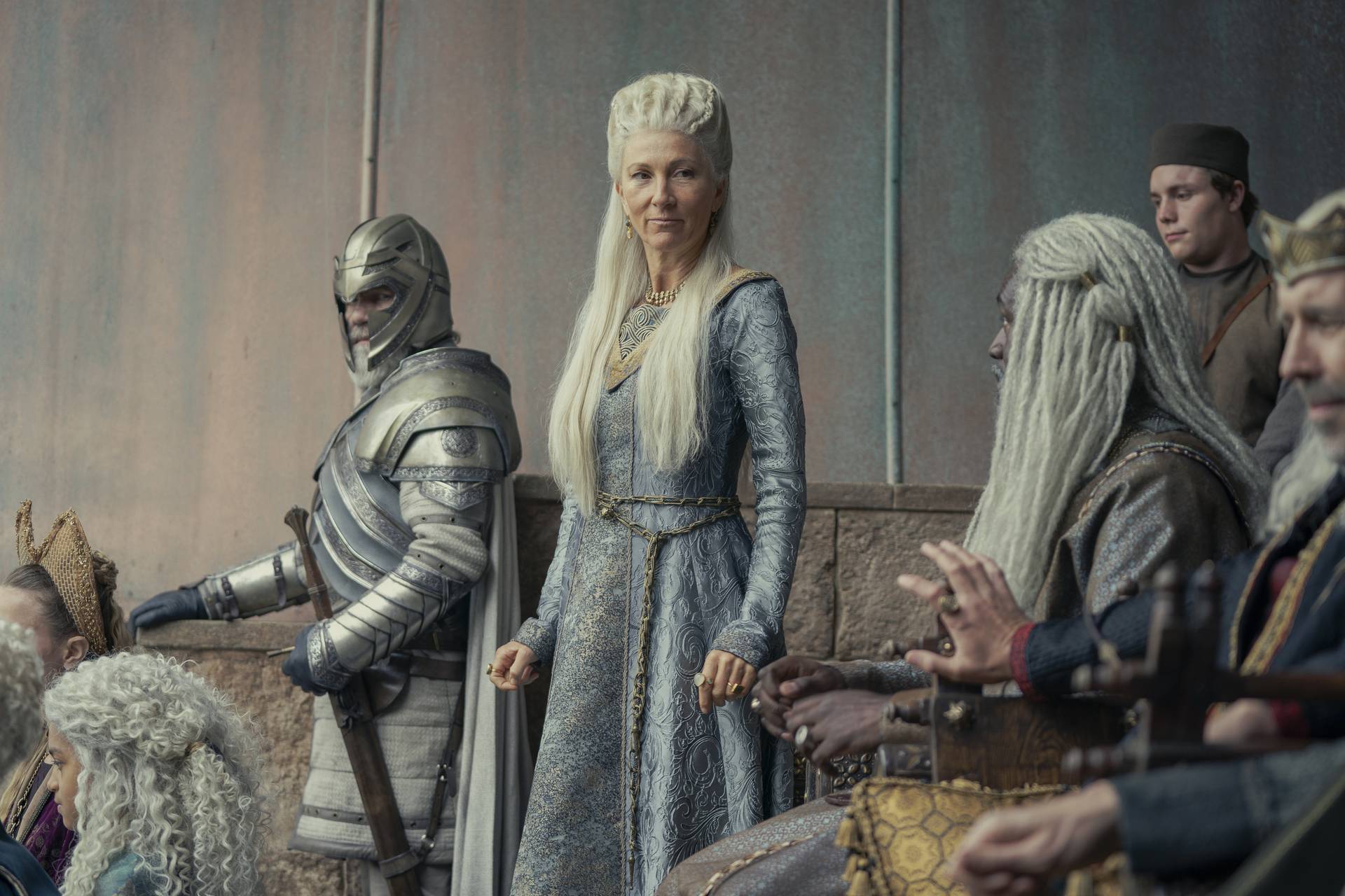 Eve Best (Rhaenys Targaryen) and Steve Toussaint (Corlys Velaryon) in House of the Dragon.