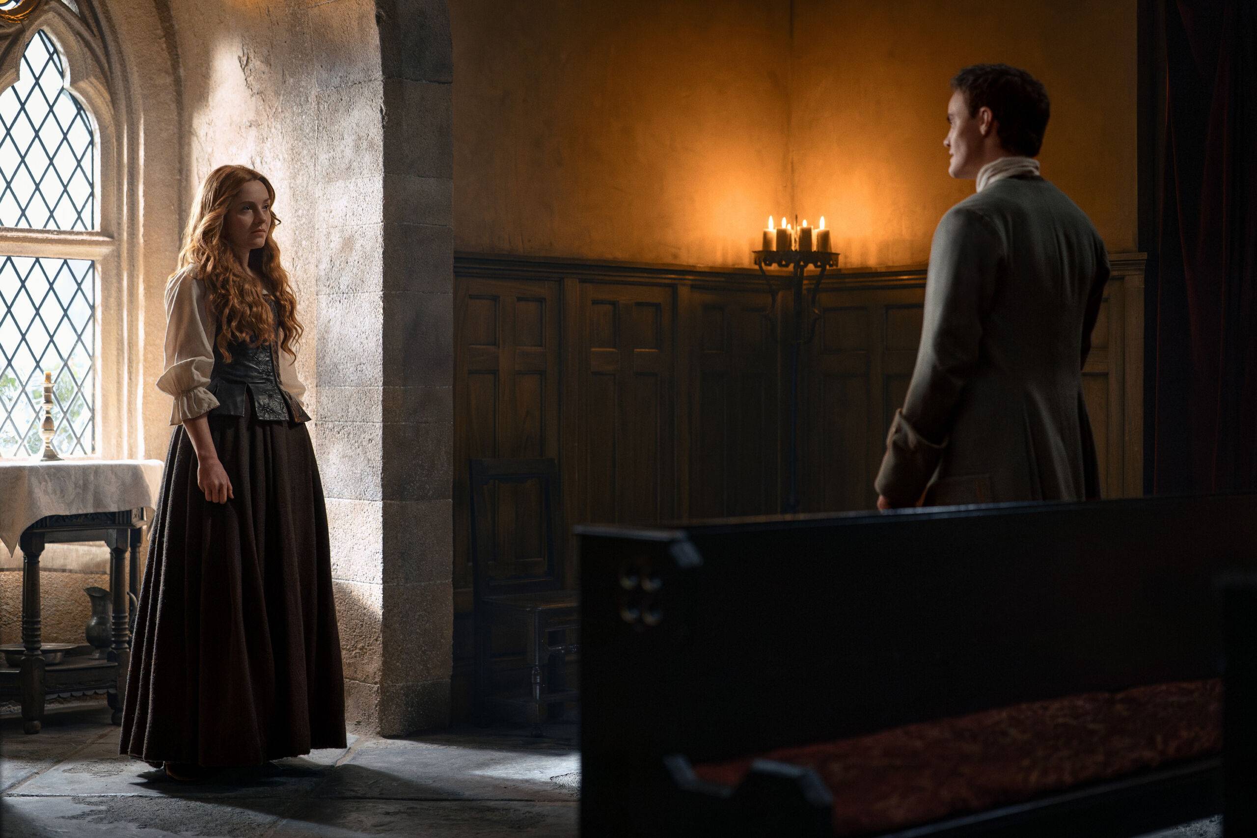 Harriet Slater (“Ellen MacKenzie”) and Séamus McLean Ross (“Colum MacKenzie”) in Outlander: Blood of My Blood season 2.