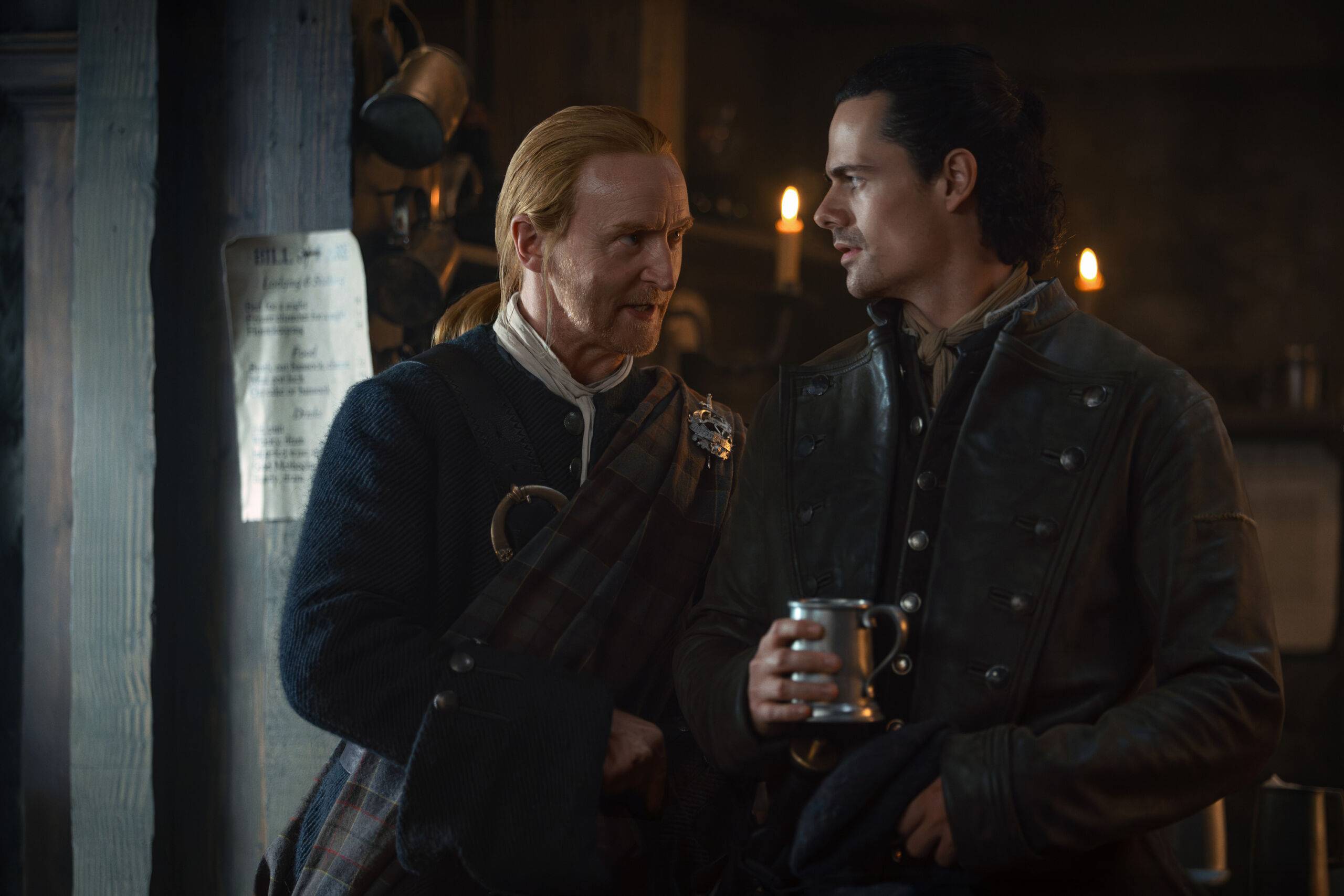 Tony Curran (“Simon Fraser ‘Lord Lovat’”) and Jamie Roy (“Brian Fraser”) in Outlander: Blood of My Blood season 2 episode 2.
