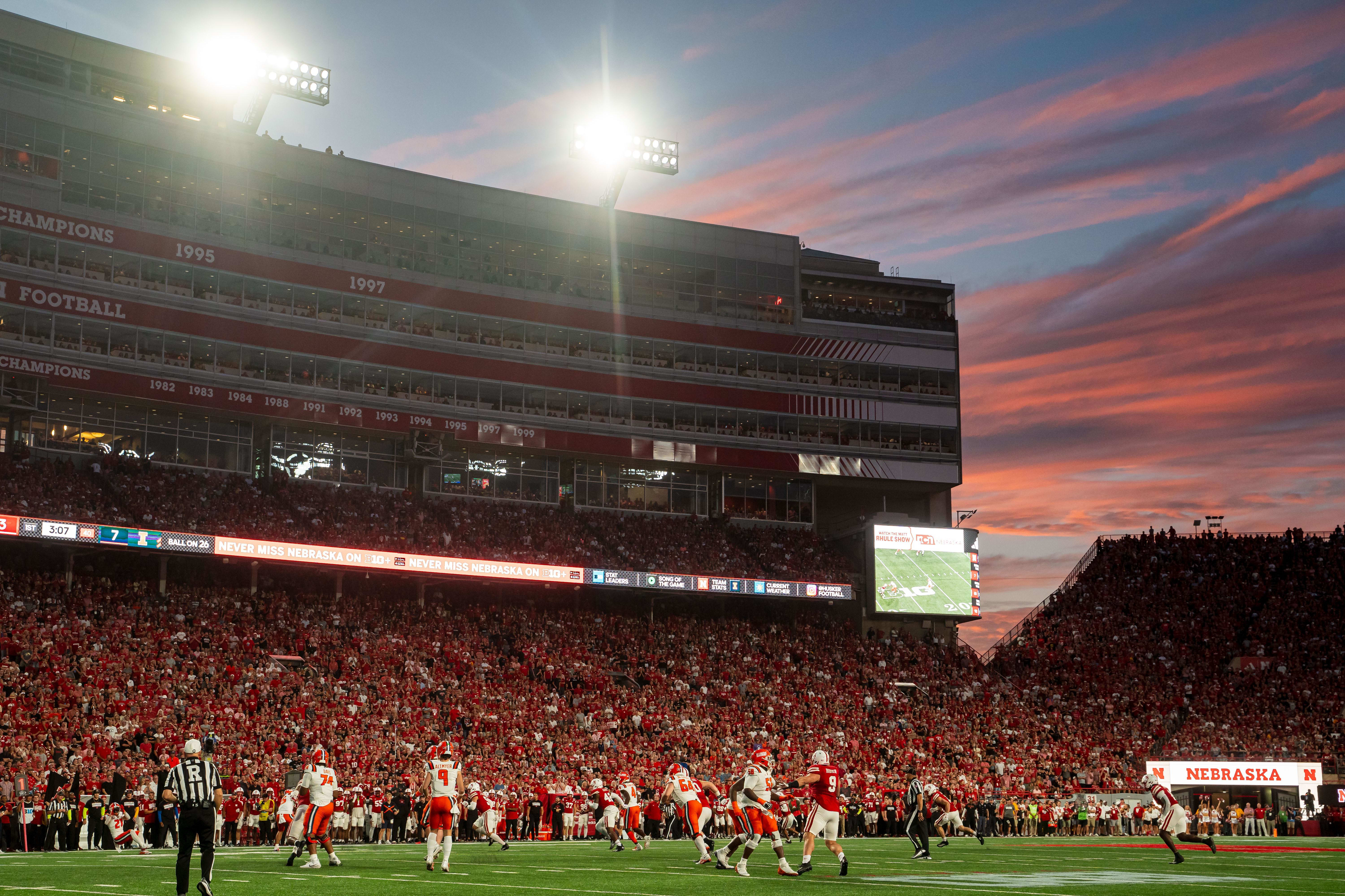 The Illinois fighting Illini and the Cornhuskers of Nebraska play during the first quarter at the Memorial Stadium.