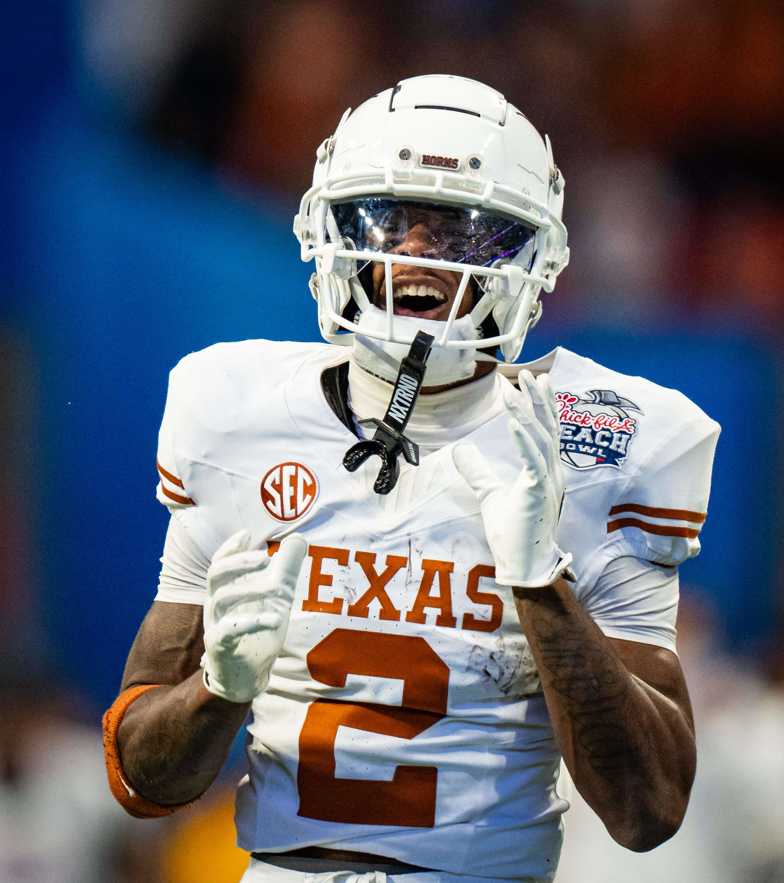 Texas Longhorns wide receiver Matthew Golden celebrates a play in the first quarter against the Arizona State Sun Devils.Matt