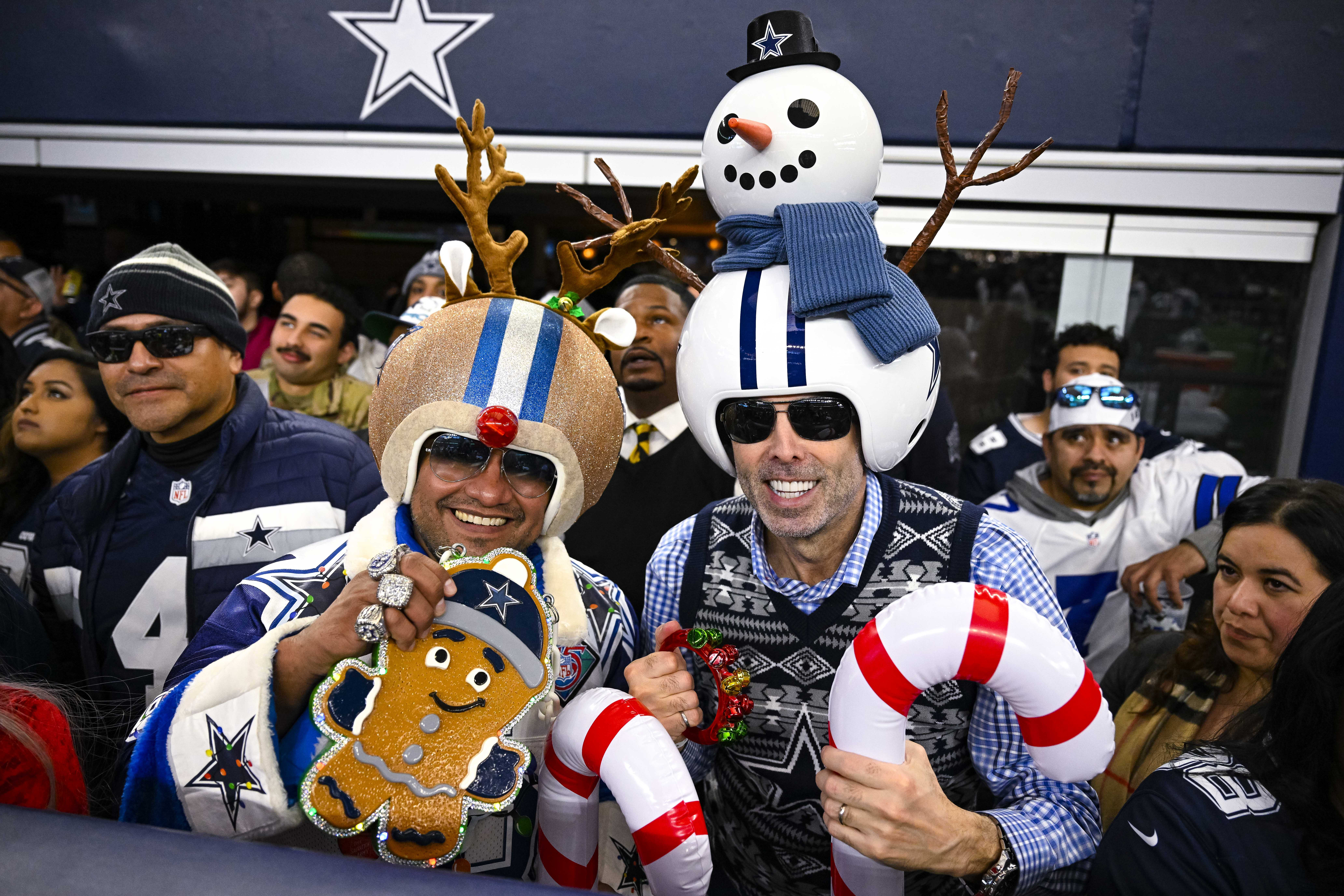 A view of Dallas Cowboys fans in Christmas costumes during the game between the Dallas Cowboys and the Philadelphia Eagles.