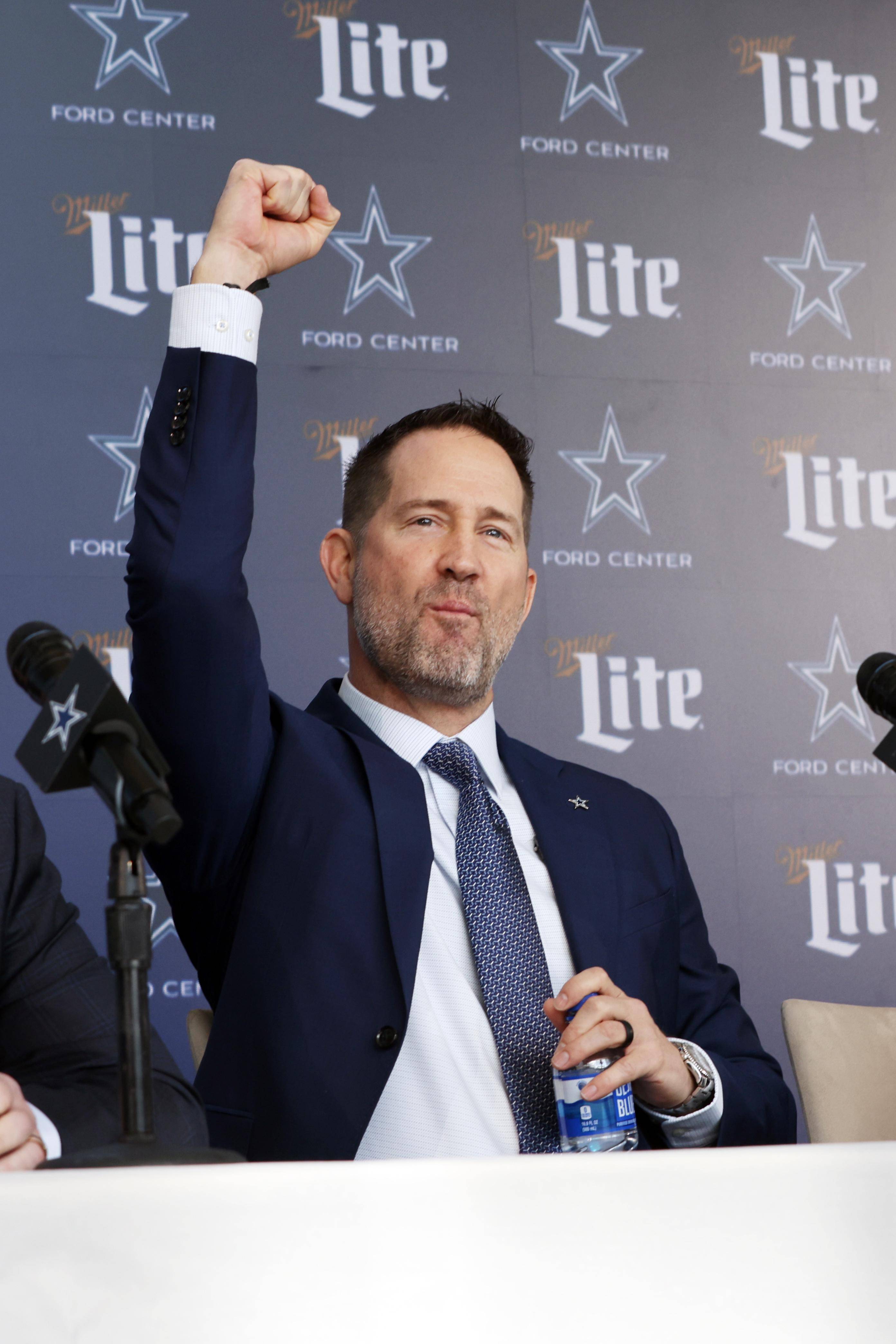 Dallas Cowboys Head Coach Brian Schottenheimer reacts while speaking to the media at a press conference at The Star 