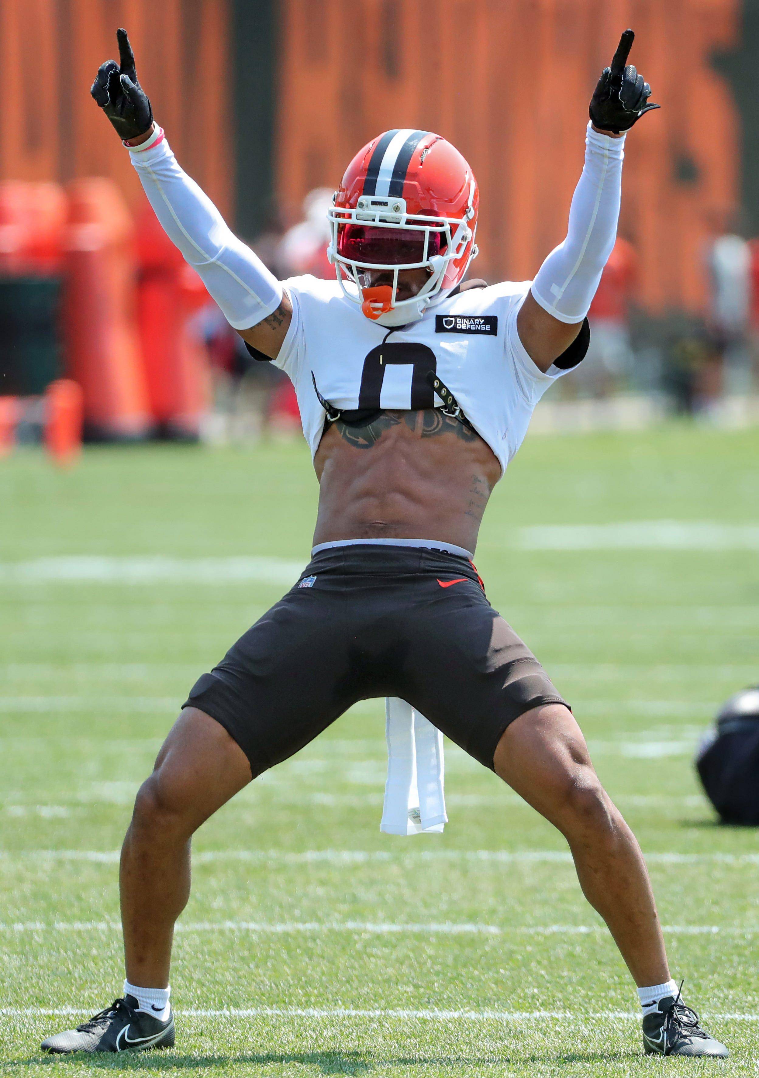 Cleveland Browns cornerback Greg Newsome II celebrates during NFL training camp at CrossCountry Mortgage Campus