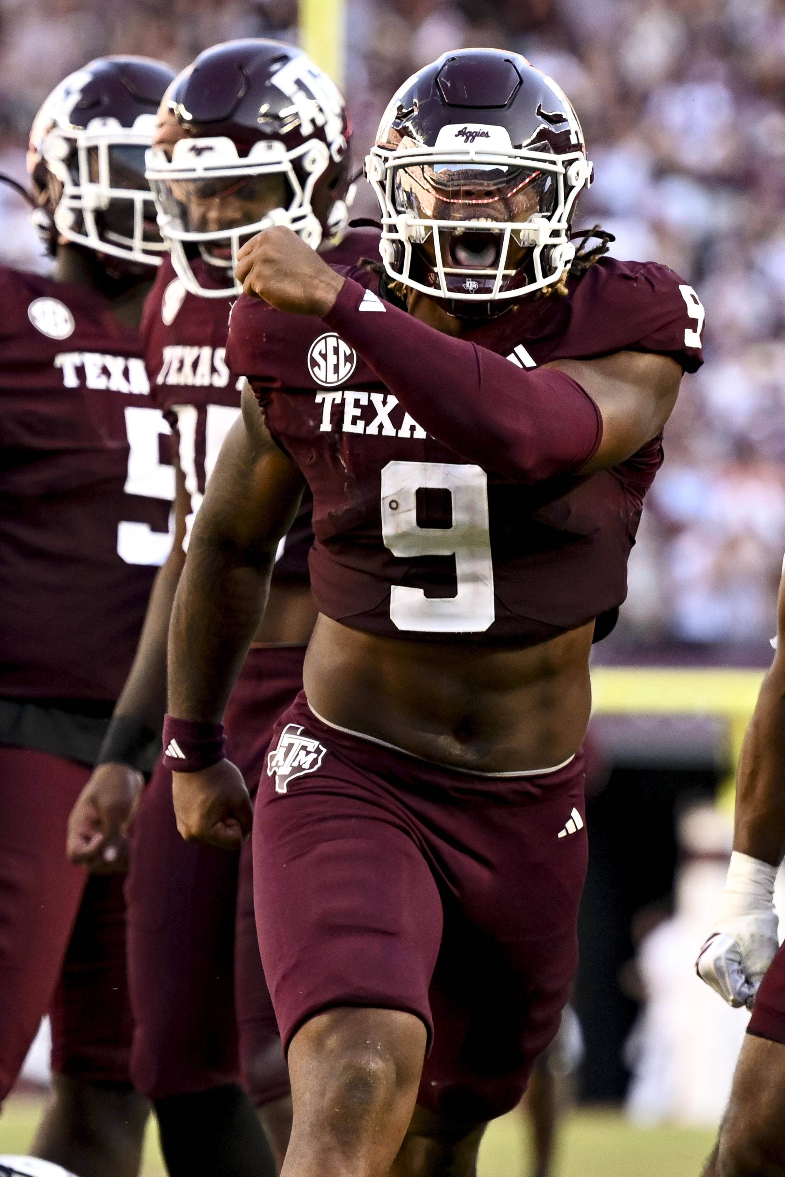 Texas A&M Aggies defensive end Cashius Howell reacts after a sack during the fourth quarter against the Auburn Tigers
