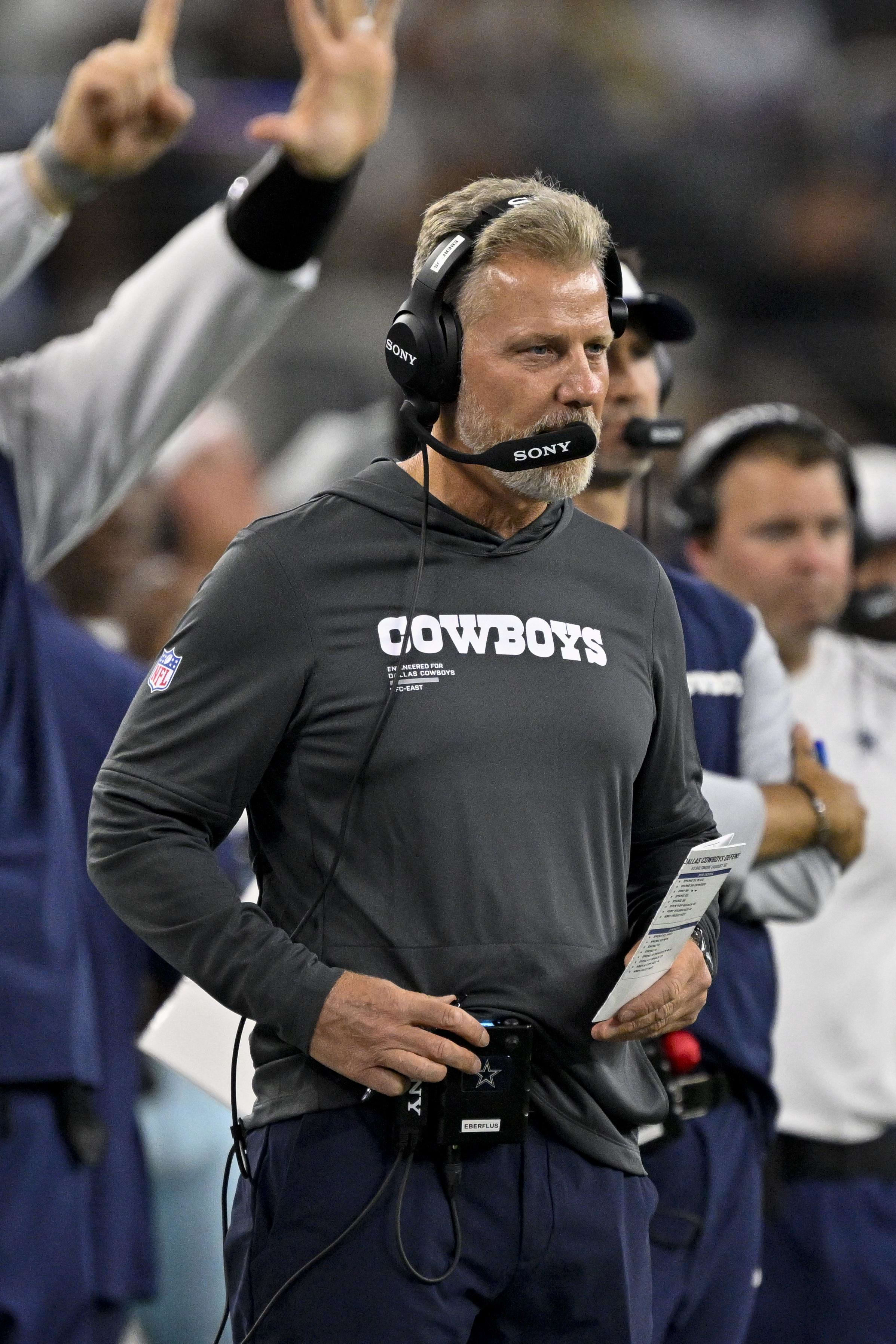 Dallas Cowboys defensive coordinator Matt Eberflus looks on during the game against the Baltimore Ravens at AT&T Stadium. 