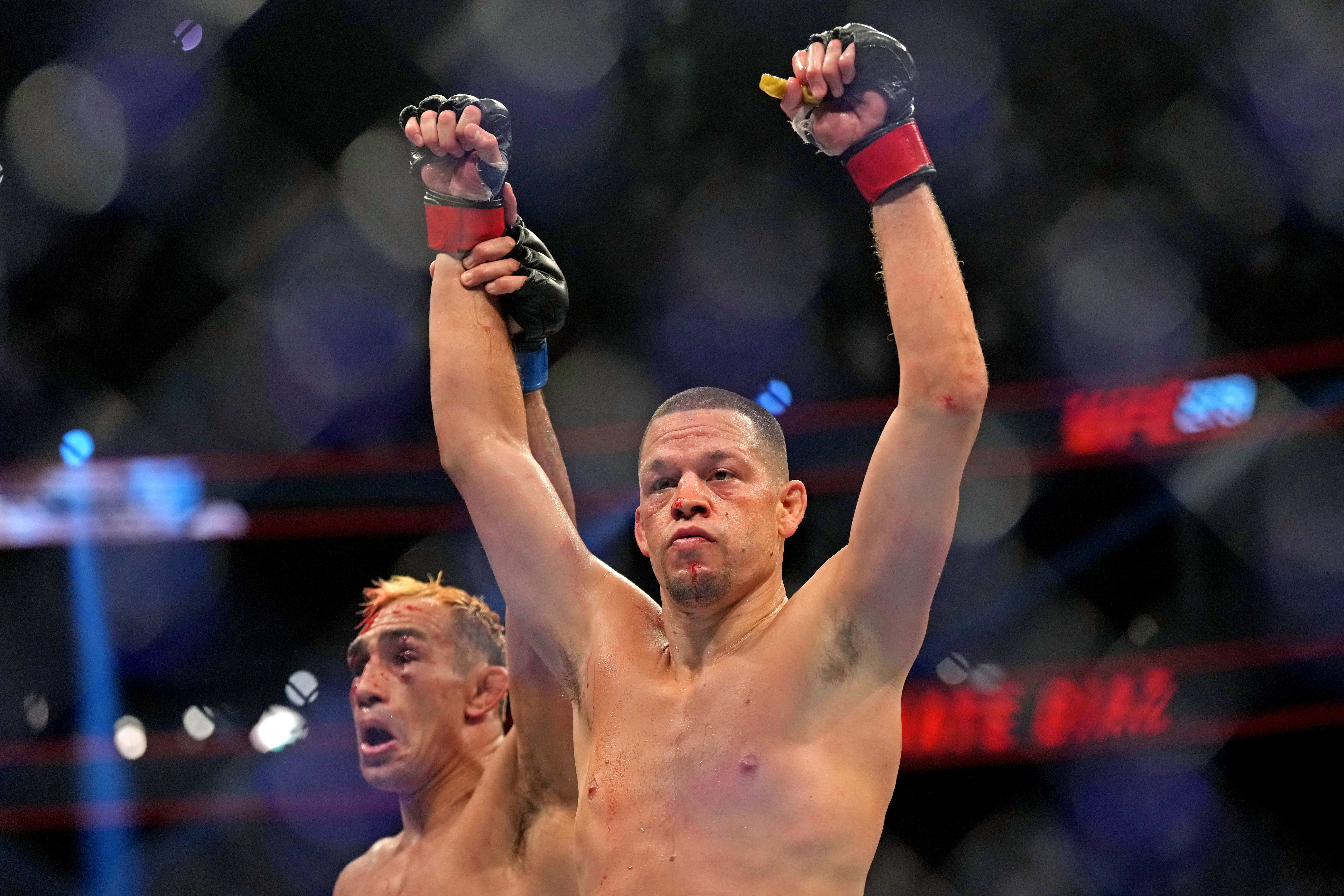 Nate Diaz fights Tony Ferguson during UFC 279 at T-Mobile Arena. 