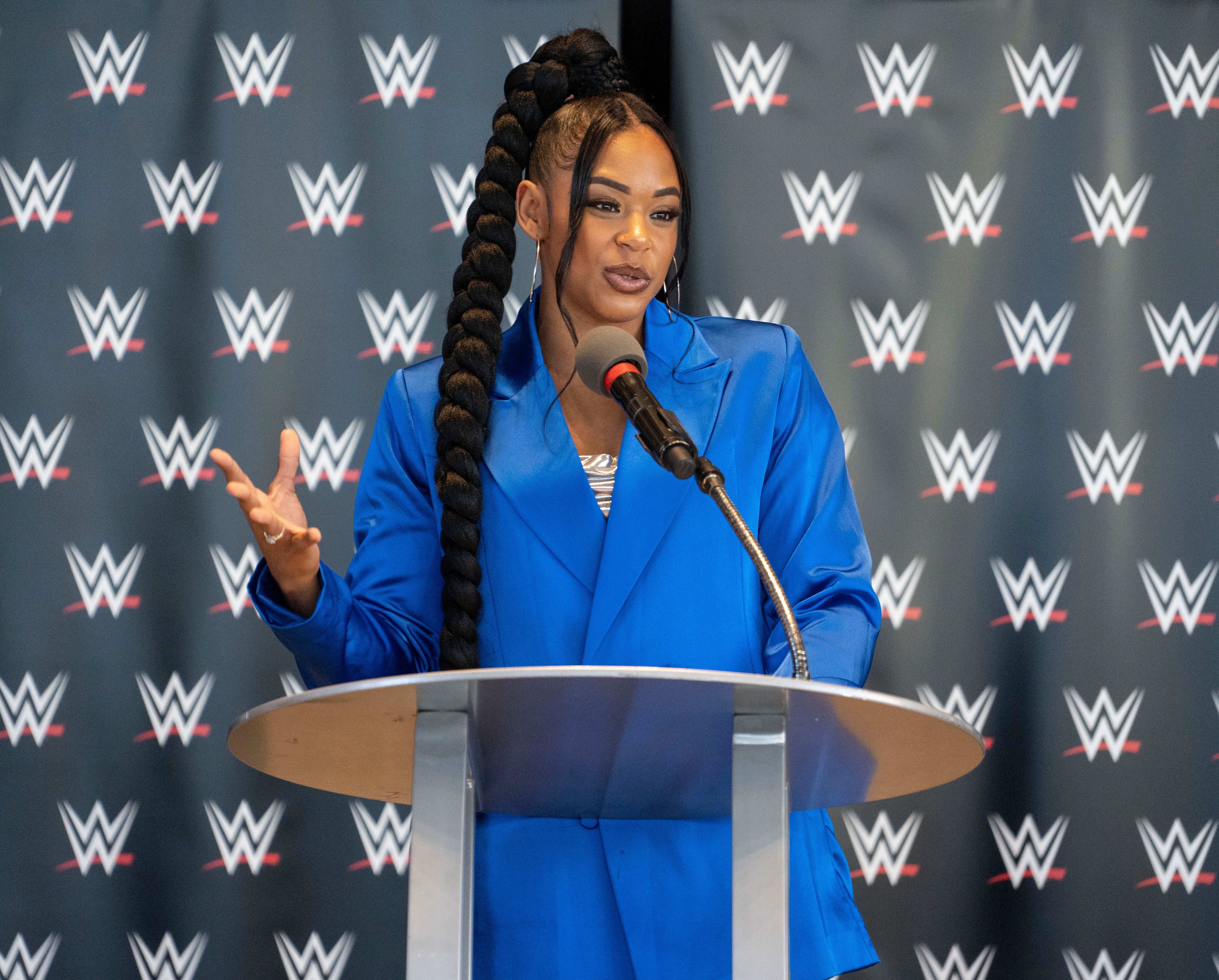 WWE wrestler Bianca Belair speaks at a press conference hosted by WWE and the Indianapolis Sports Corp.