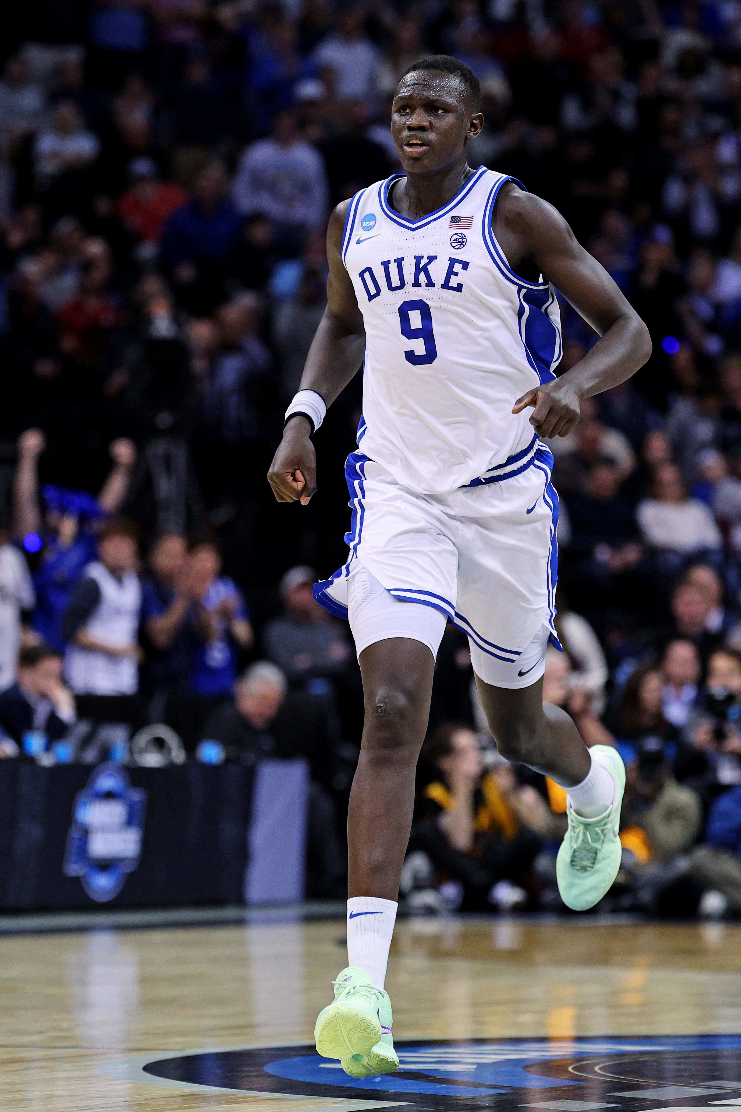 =Duke Blue Devils center Khaman Maluach runs up court during the second half against the Alabama Crimson Tide.