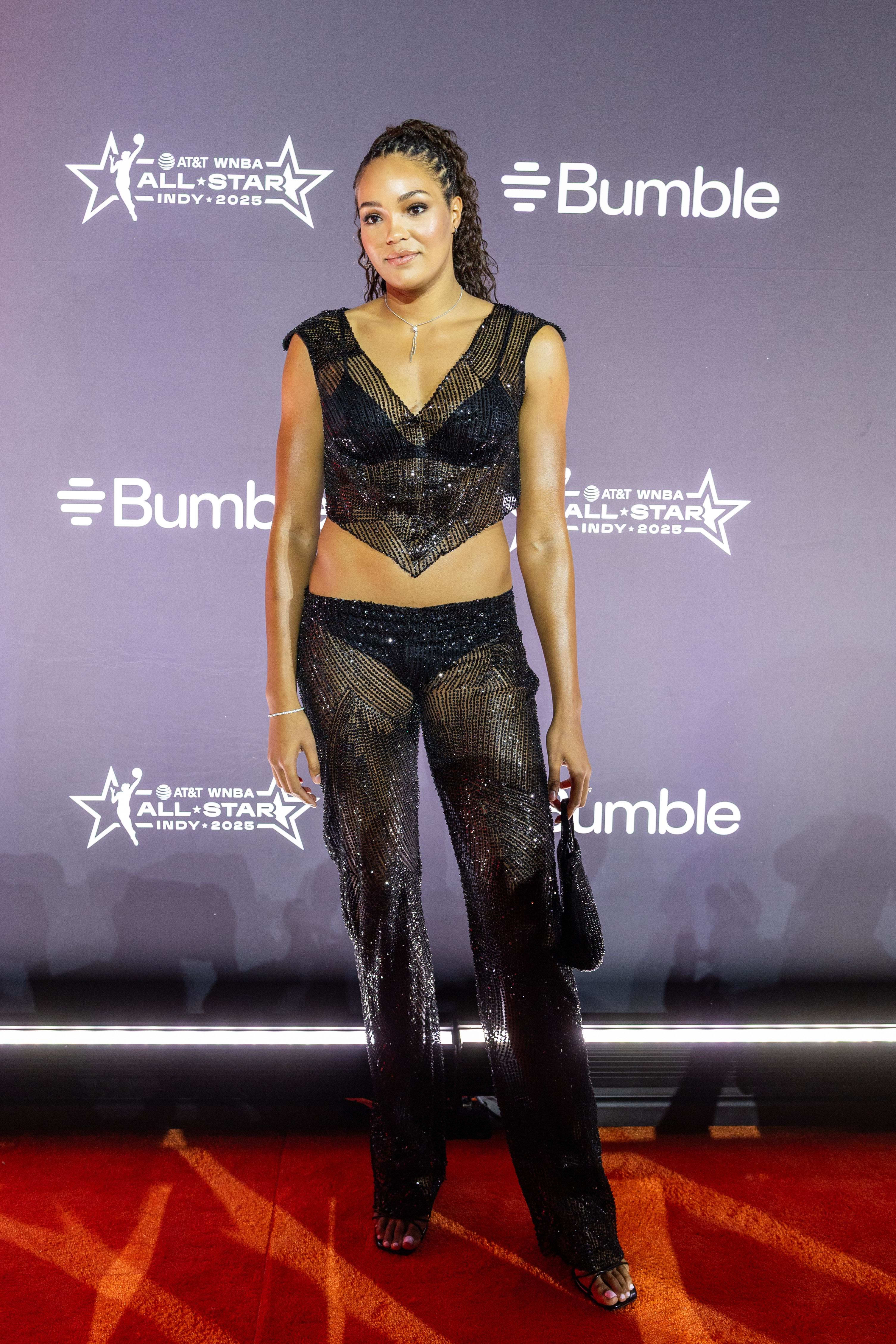 Napheesa Collier arrives on the Orange Carpet to start the 2025 WNBA All-Star weekend at Indiana Convention Center. 