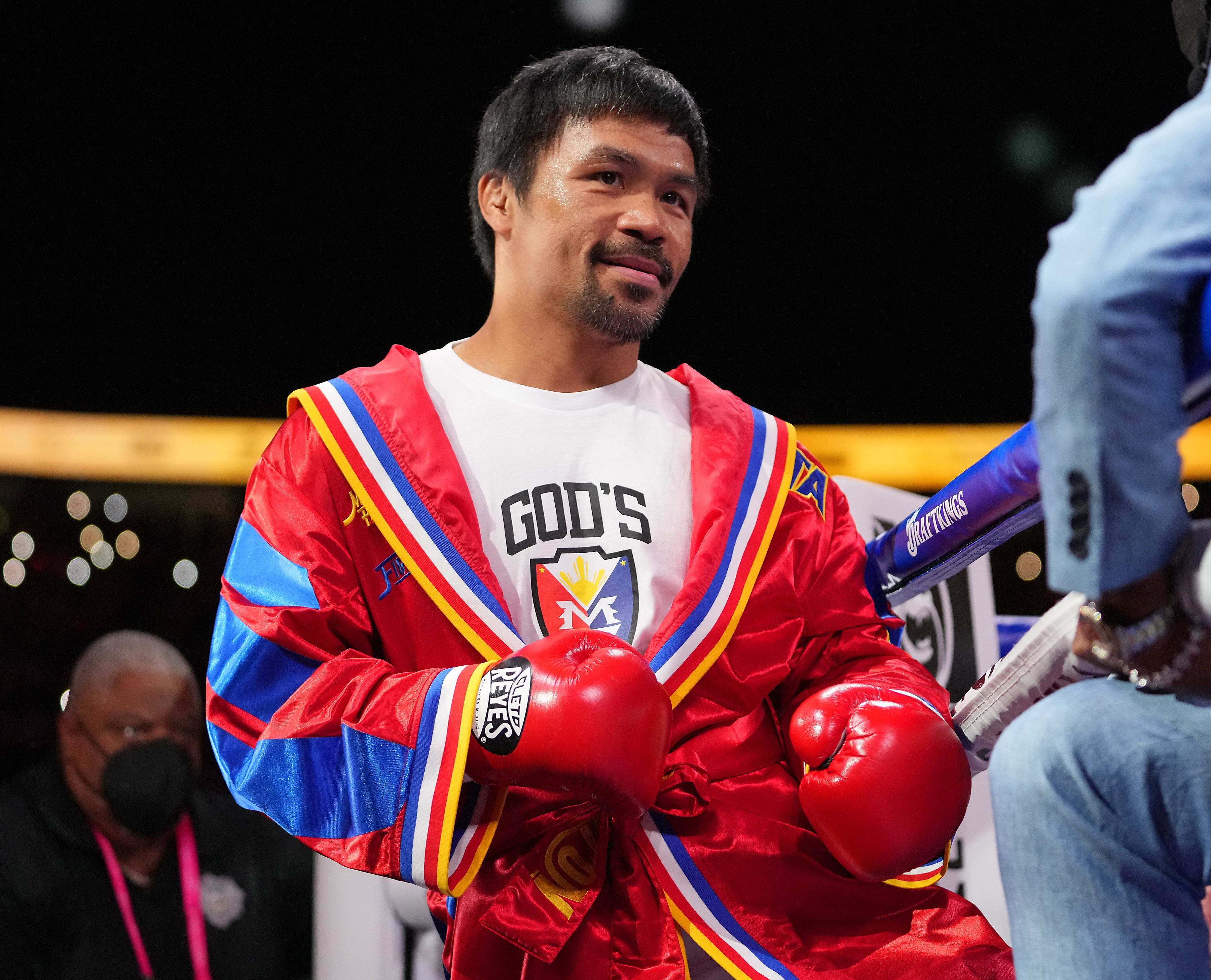 Manny Pacquiao is pictured before the start of a world welterweight championship bout against Yordenis Ugas at T-Mobile Arena