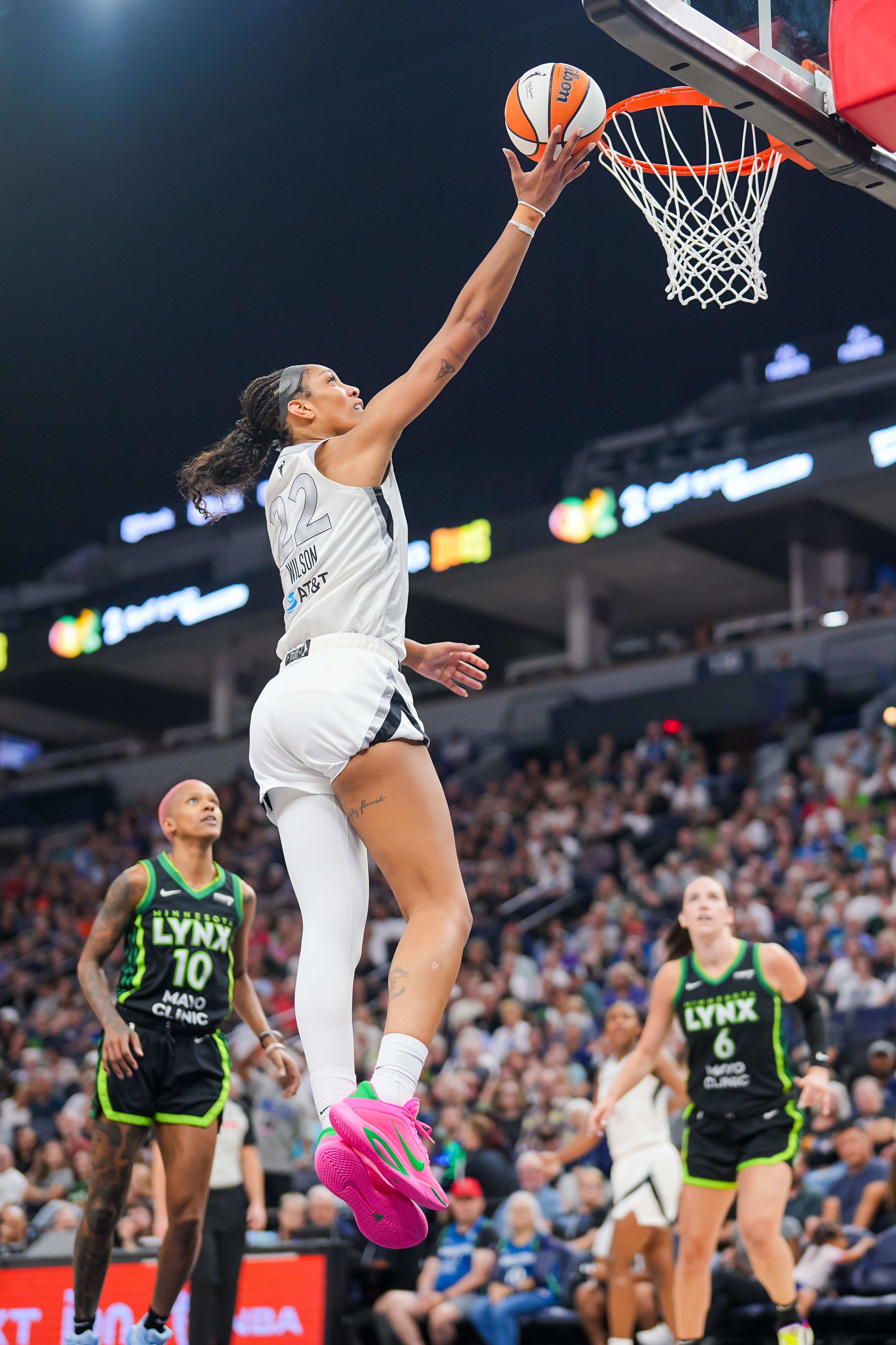  Vegas Aces center A'ja Wilson shoots against the Minnesota Lynx in the second quarter at Target Center. 