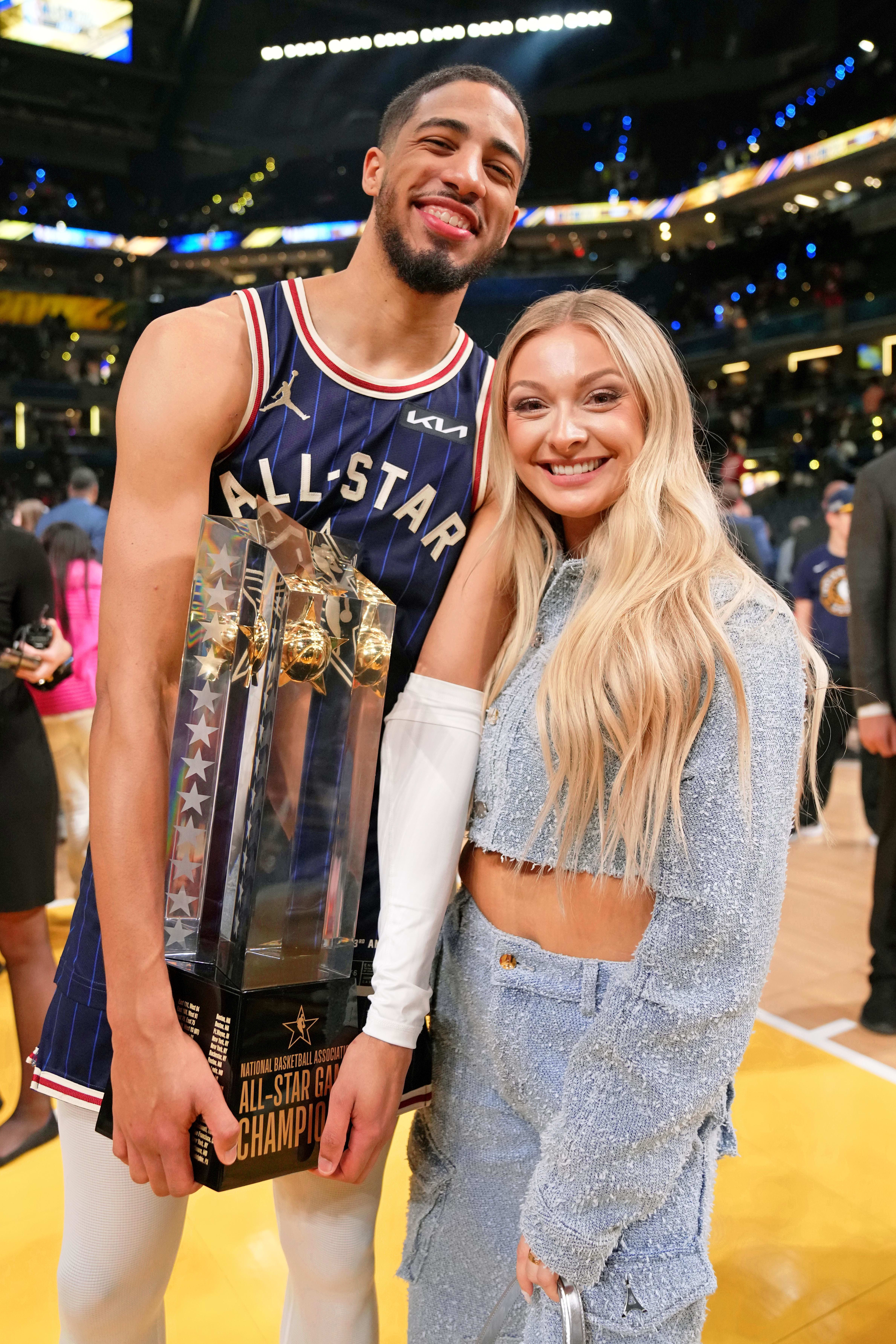 Tyrese Haliburton of the Indiana Pacers and girlfriend Jade Jones after the 73rd NBA All Star game at Gainbridge Fieldhouse. 