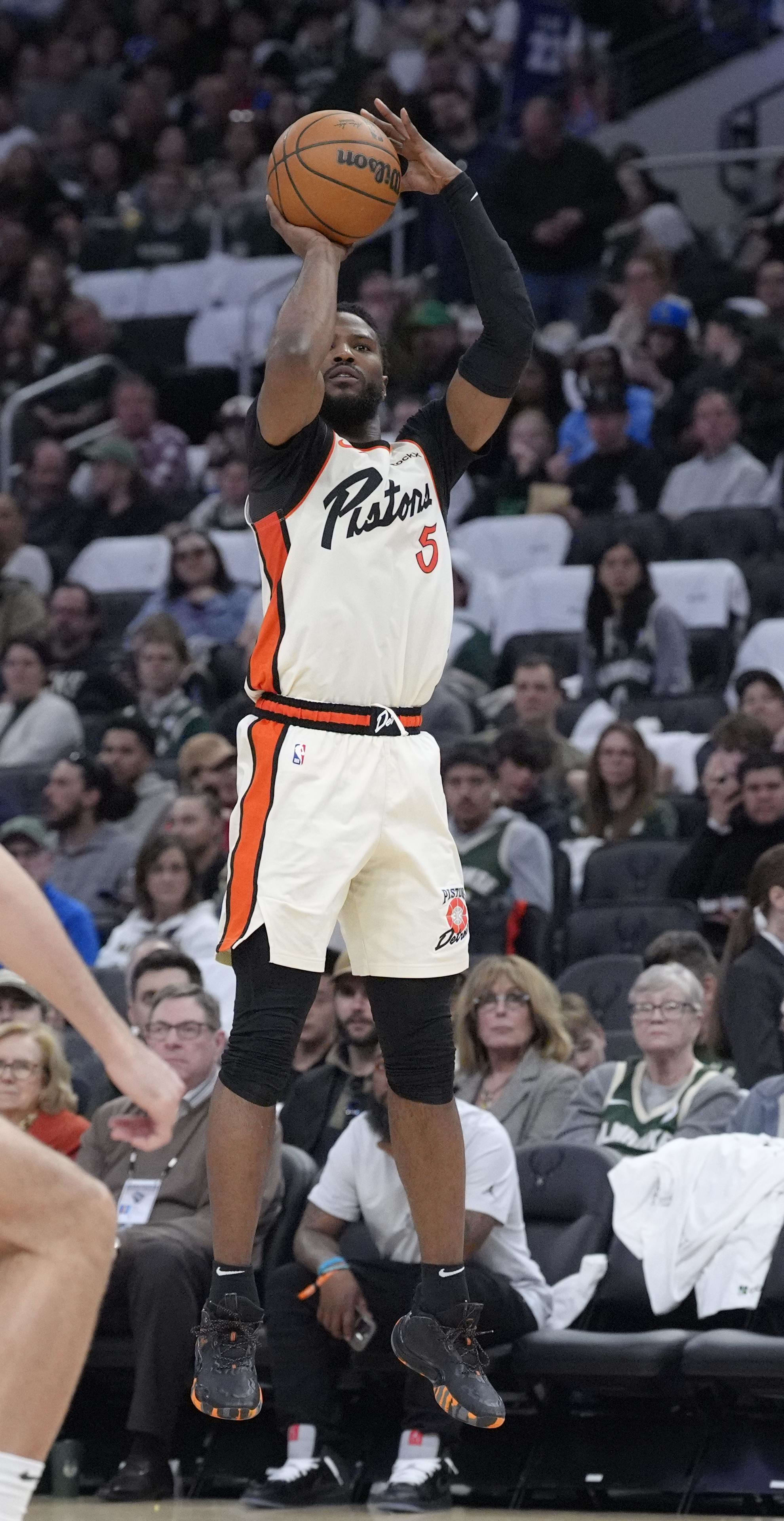 Detroit Pistons guard Malik Beasley puts up a shot against the Milwaukee Bucks in the second half at American Family Field. 