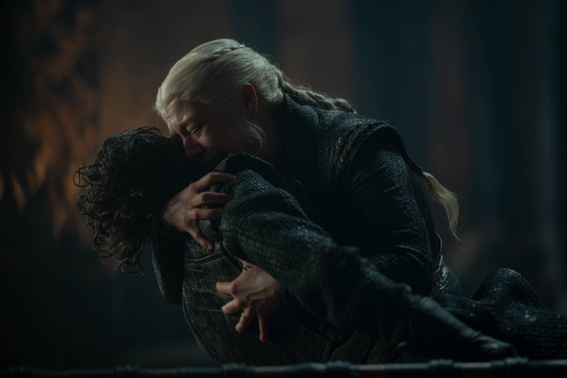 Harry Collett (Jacaerys Velaryon) and Emma D'Arcy (Rhaenyra Targaryen) in House of the Dragon season 3.