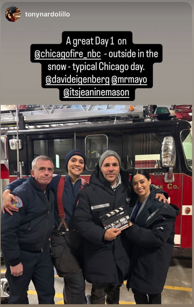 David Eigenberg, Miranda Rae Mayo, Anthony Nardolillo and Jeanine Mason on the set of Chicago Fire