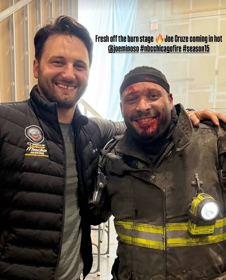Cinematographer Nenad Simic and Joe Minoso on set of Chicago Fire season 15