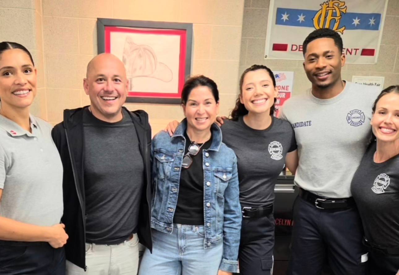 Chicago Fire stars Miranda Rae Mayo, Hanako Greensmith, Da'Vinchi, and Jocelyn Hudon pose with fans on the set of season 15. Chicago Fire stars Miranda Rae Mayo, Hanako Greensmith, Da'Vinchi, and Jocelyn Hudon pose with fans on the set of season 15.