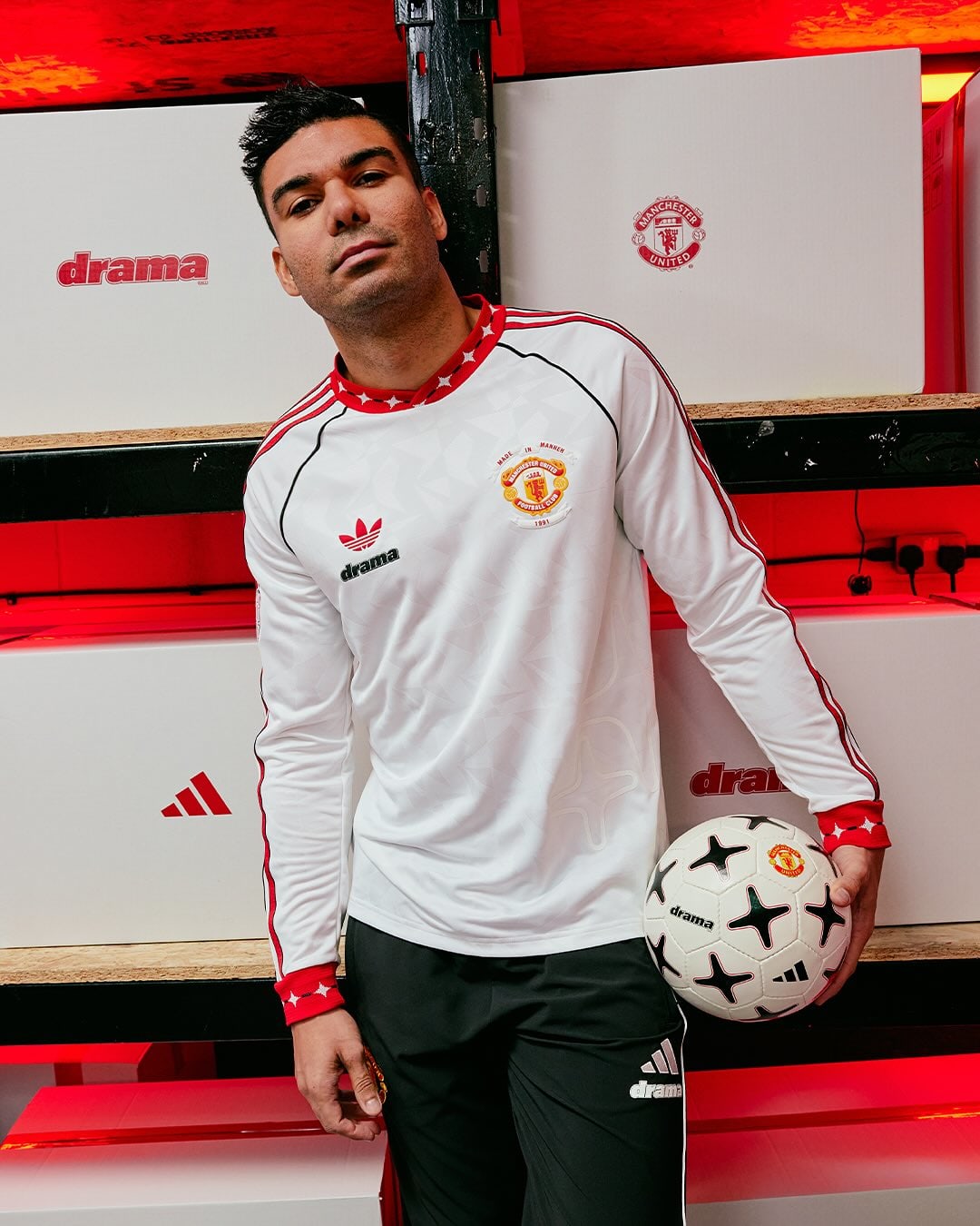 Casemiro in the adidas x Drama Call Manchester United jersey.