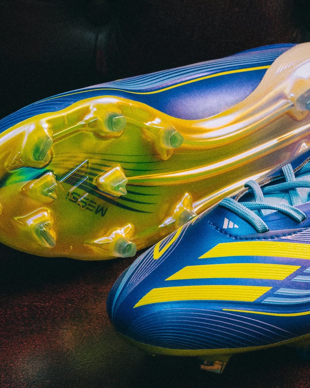 Messi's new boots come in a bold blue and yellow colourway.