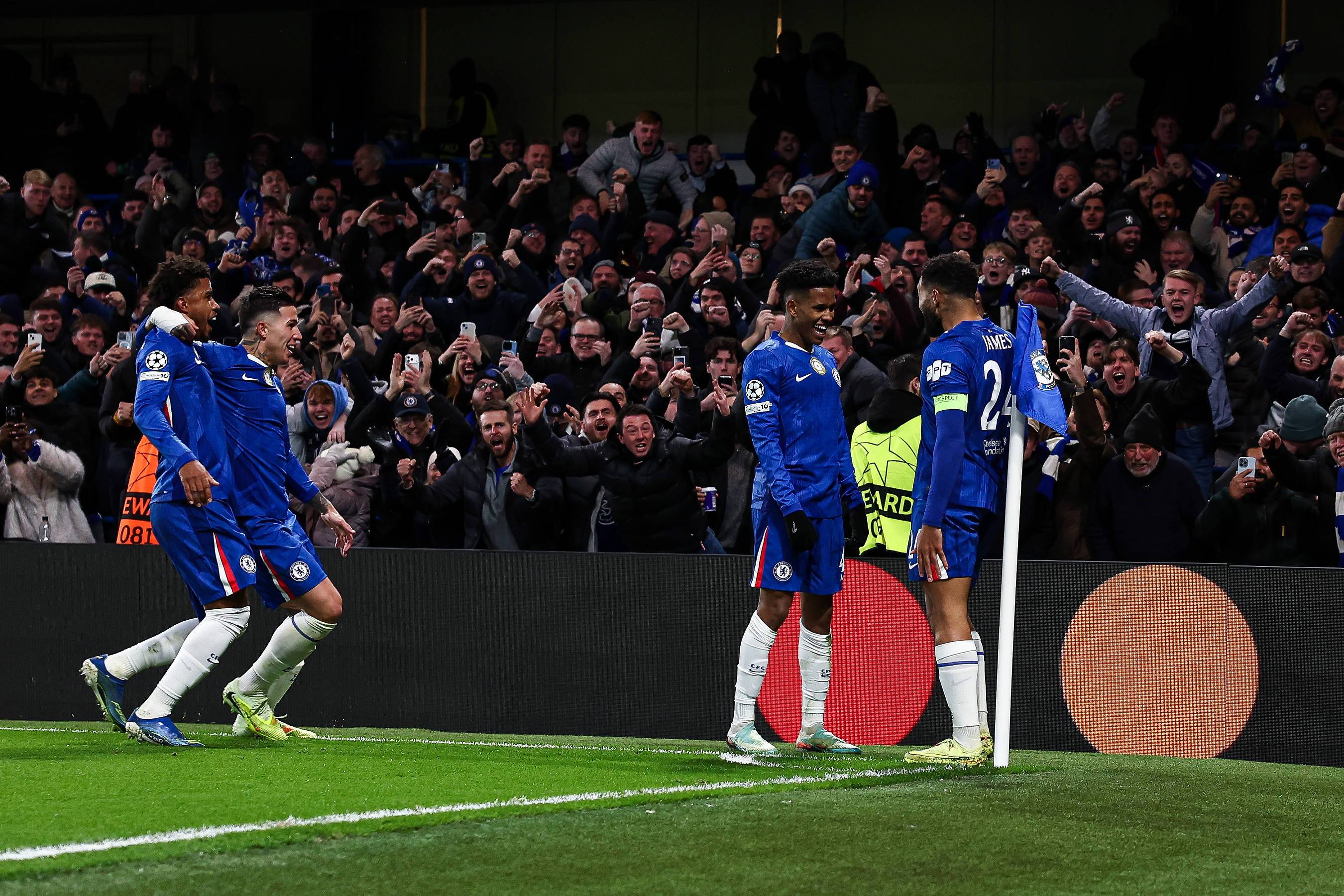 Chelsea celebrate goal against Barcelona in the Champions League.