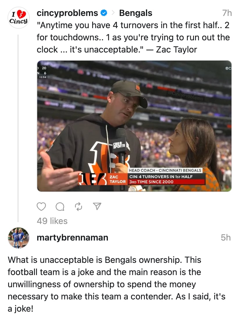 Marty Brennaman critical of Bengals' ownership after ugly loss to Vikings.