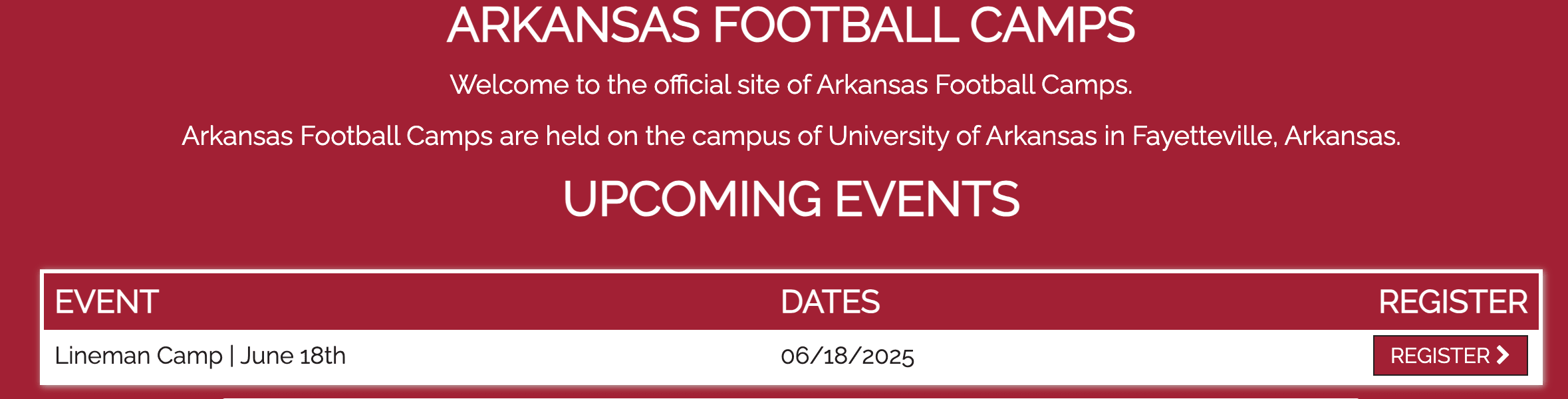 A notification of an Arkansas football camp to be held on Wednesday, June 18. 