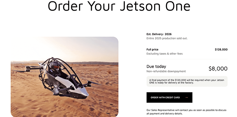 The Jetson One order form shows a required $8,000 deposit and $120,000 due at time of delivery for this personal flying car.