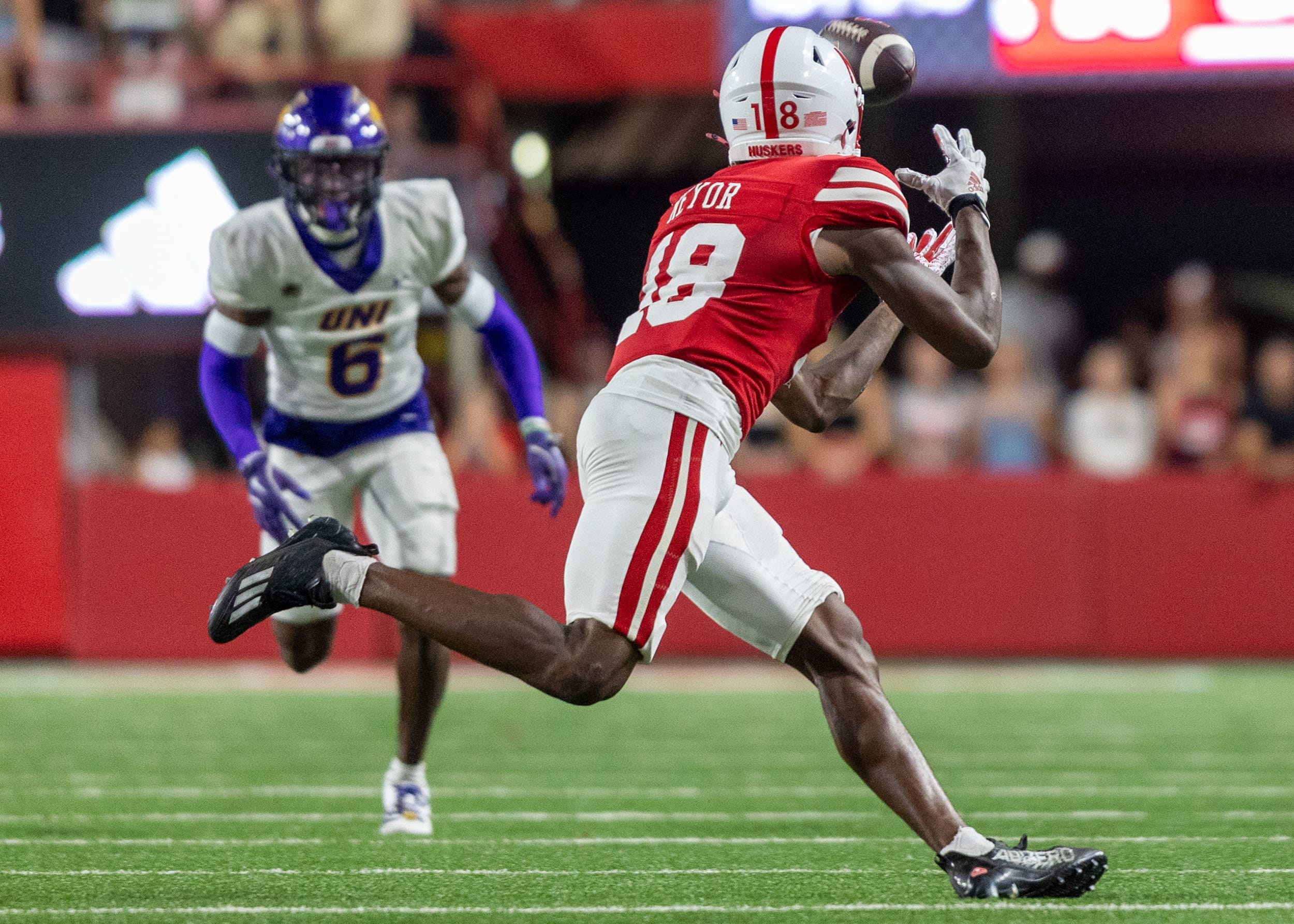 Nebraska wide receiver Isaiah Neyor catches a 17-yard pass against Northern Iowa.