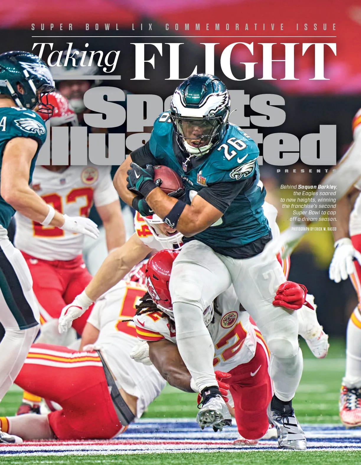 Philadelphia Eagles running back Saquon Barkley appears on the cover of Sports Illustrated's commemorative Super Bowl issue.