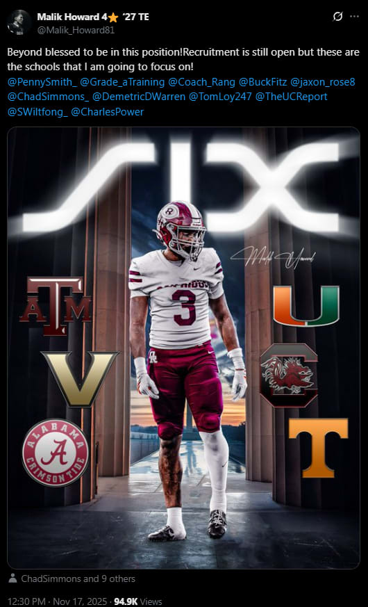 4-Star 2027 TE Malik Howard names Alabama in his top schools