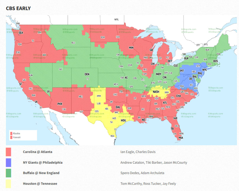Sunday's CBS NFL broadcast coverage map