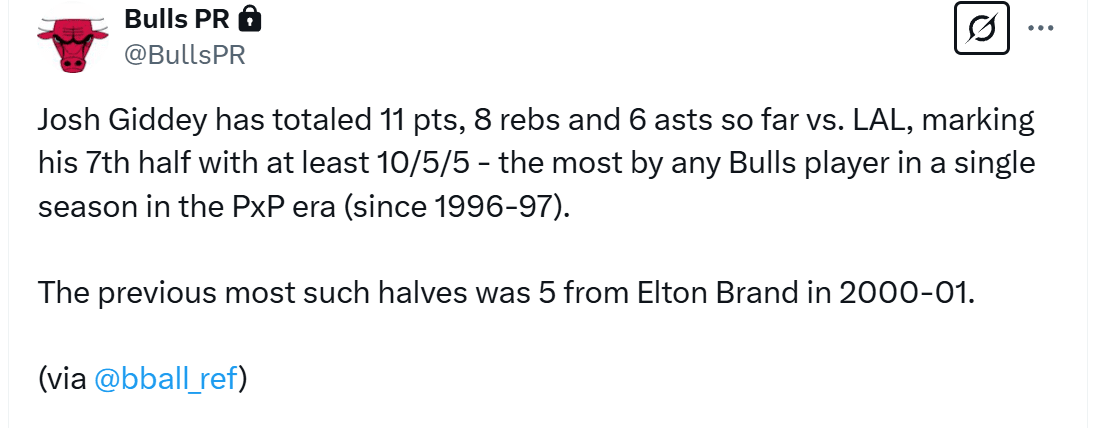 Bulls PR's statement on Josh Giddey record